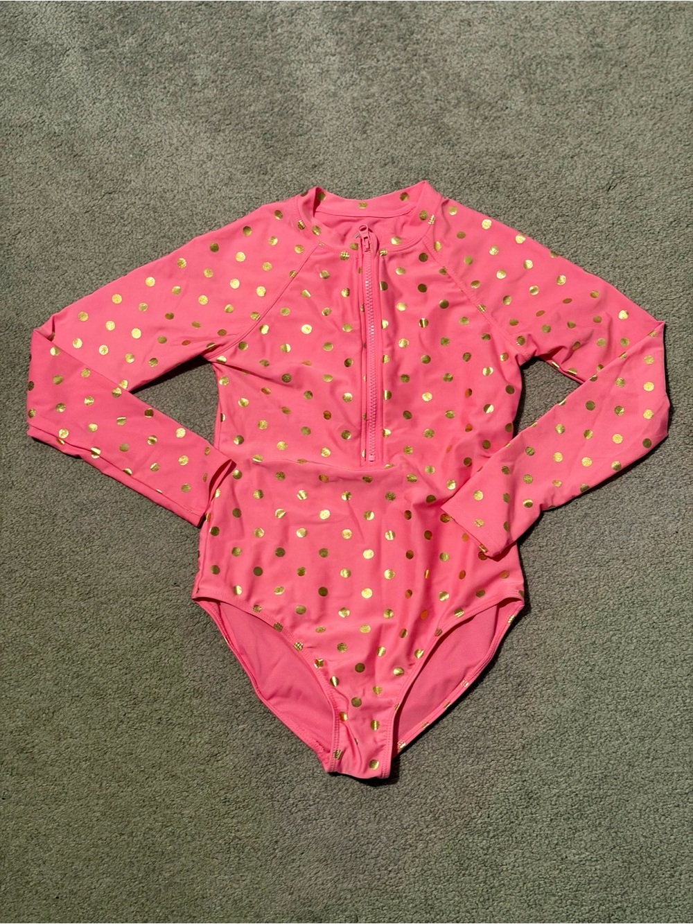 Girls' Wonder Nation Pink Long Sleeve Gold Dot One-Piece Swimsuit - L 10/12